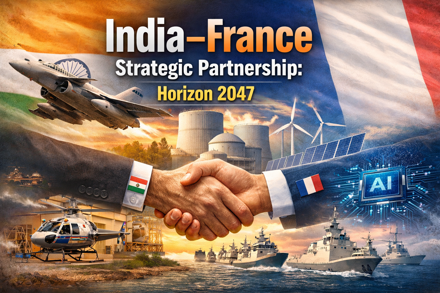 India–France Strategic Partnership Horizon 2047 banner showing Rafale jets, nuclear energy plants, AI technology, helicopters and naval ships symbolizing defense and technology cooperation.