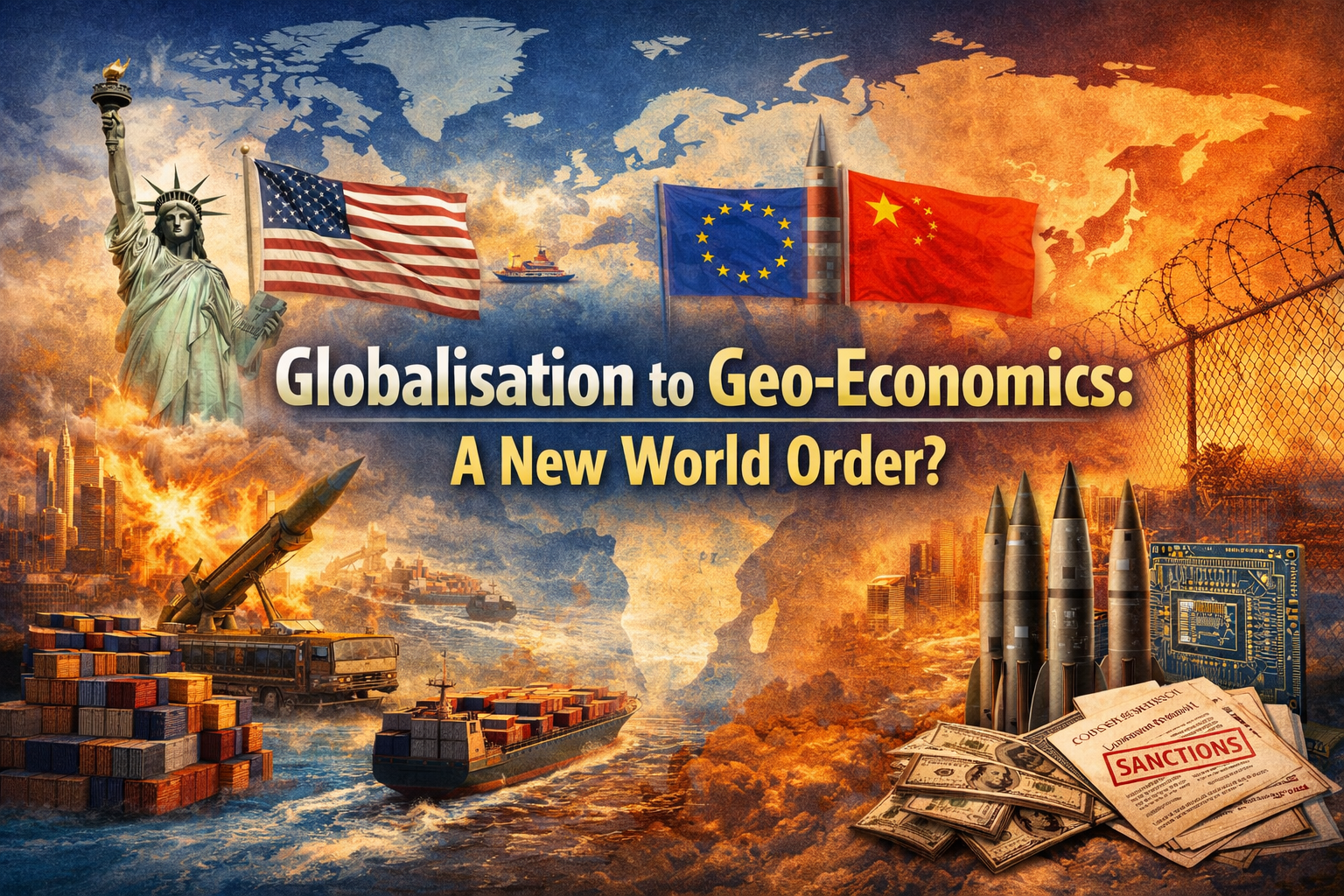 Globalisation vs geo-economics showing trade wars, supply chains, sanctions, and global power shift