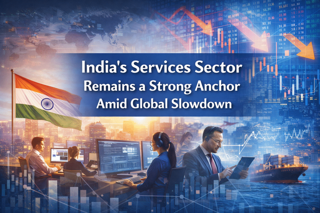 Digital illustration of India’s services sector driving economic growth despite global slowdown with charts, professionals, and Indian flag