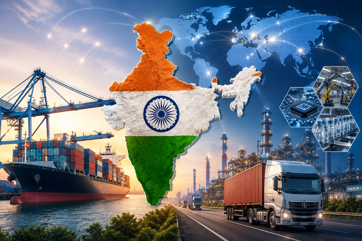 India emerging as a global manufacturing and supply chain hub with ports, logistics, exports, and industrial infrastructure.