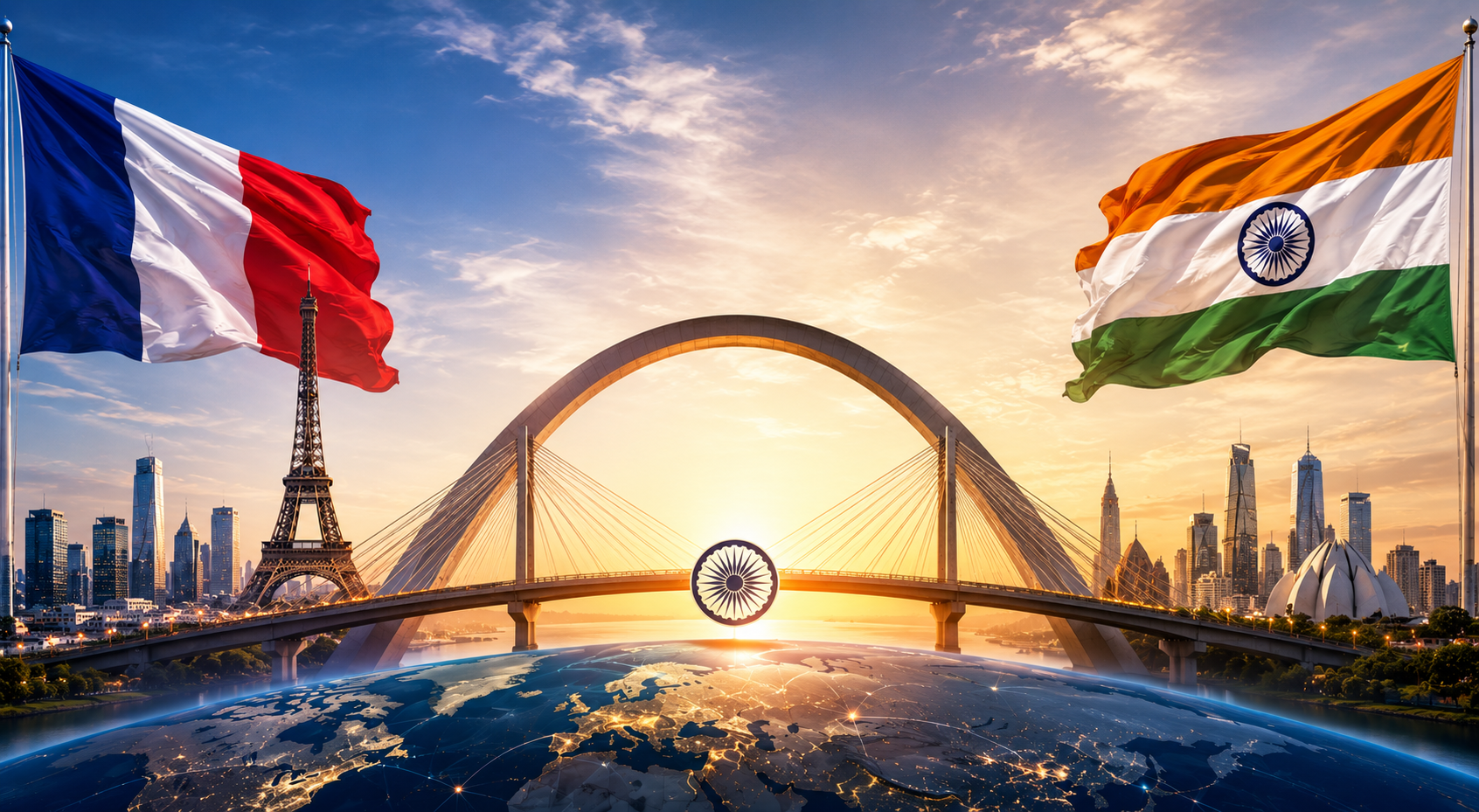 India and France leadership in 2026 with BRICS and G7 chairmanship symbolizing India's role as a bridge between East and West in global economic cooperation.