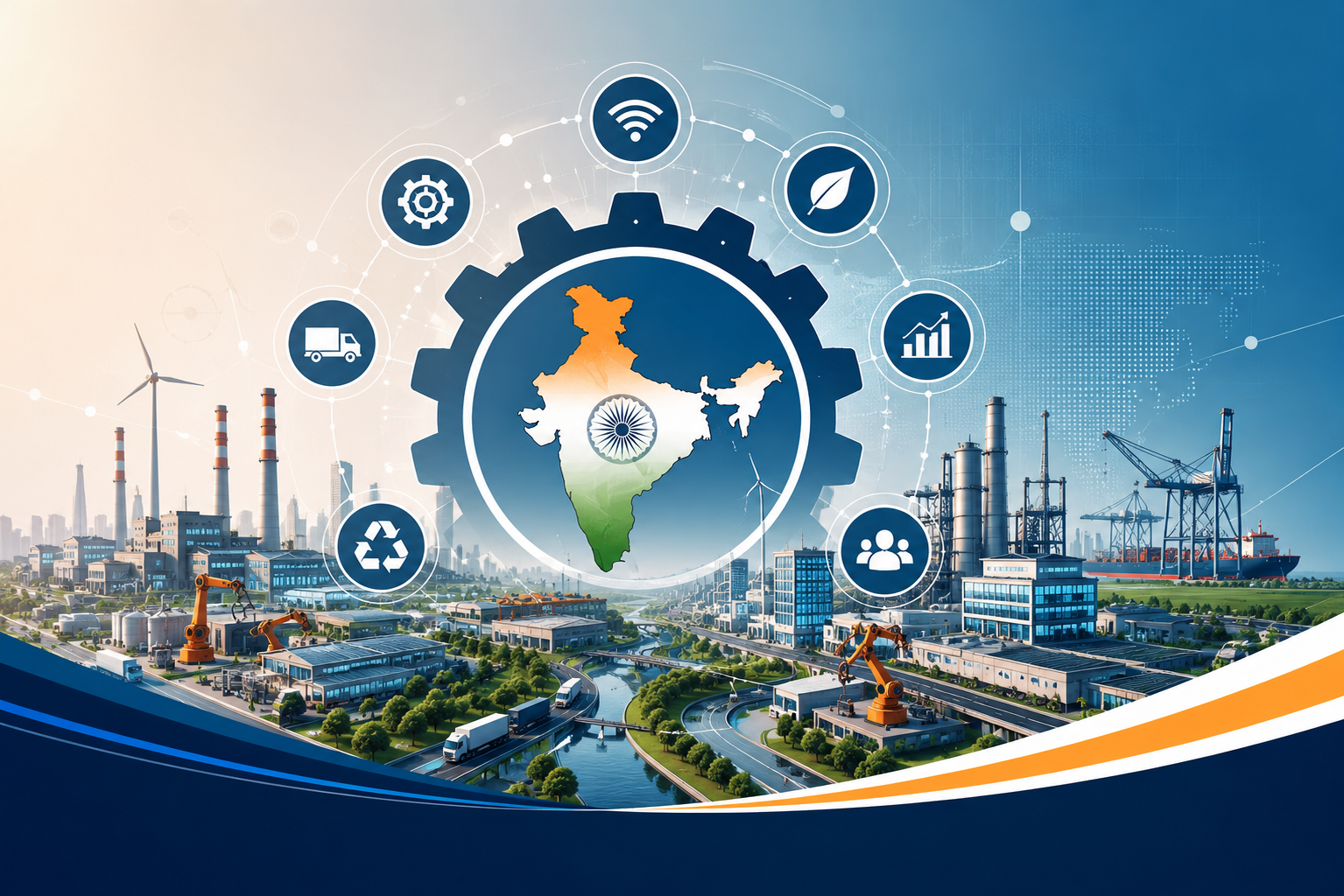 AI-powered industrial ecosystem in India with smart factories, logistics network, renewable energy, and connected manufacturing infrastructure