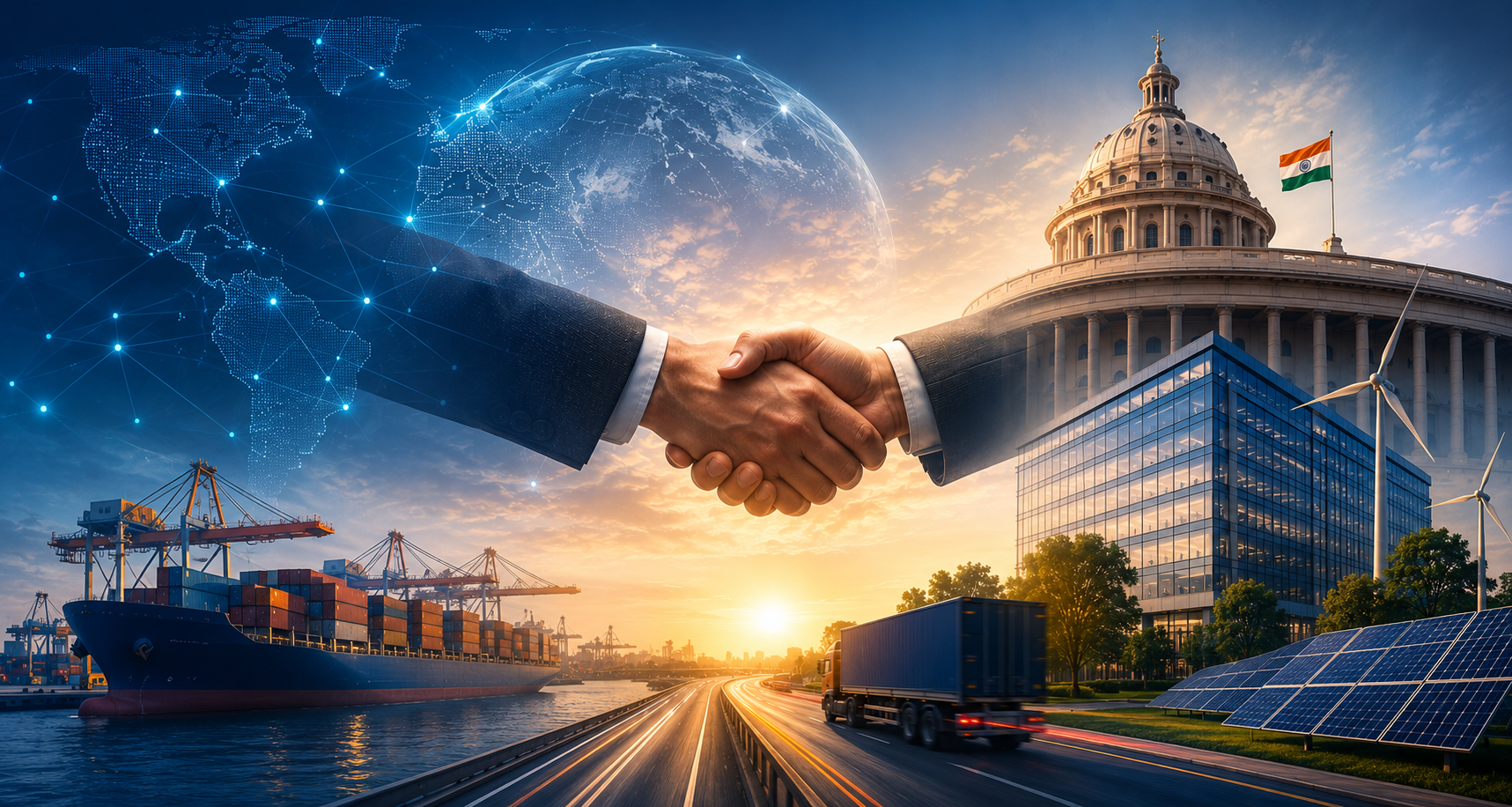 Economic security concept showing India's resilient economy, supply chains, infrastructure, and digital transformation