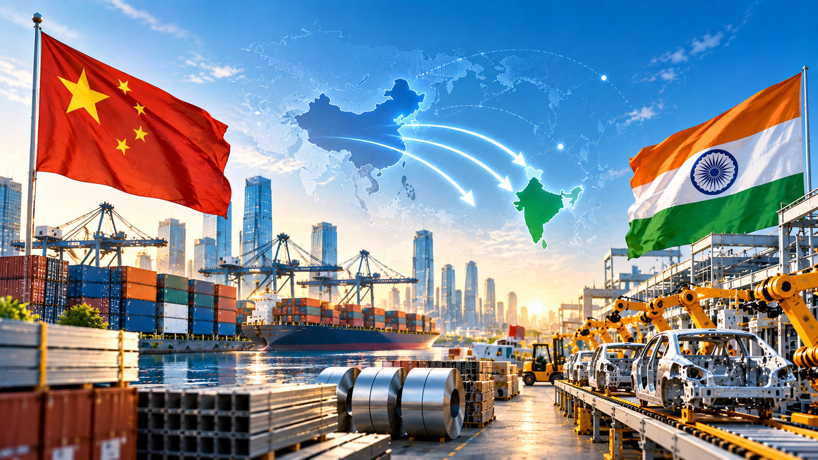 China-India trade and manufacturing scene showing cargo ports, supply chains, and Indian factory production.