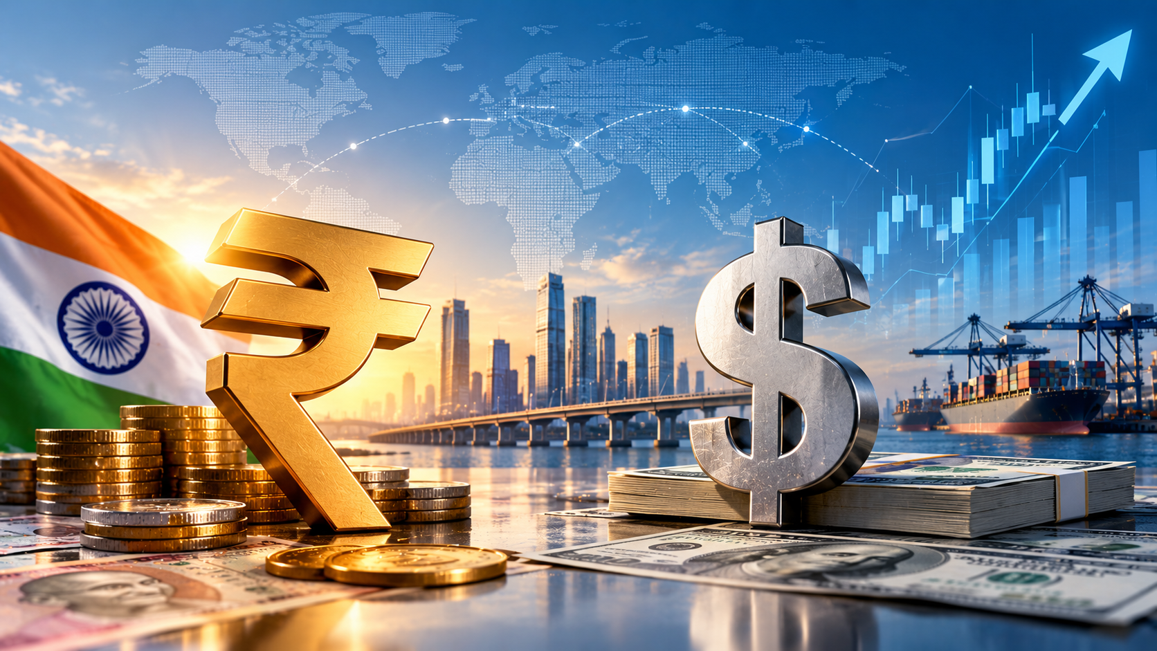 Indian rupee and US dollar symbols representing currency exchange rates and the impact of rupee depreciation on Indian businesses.